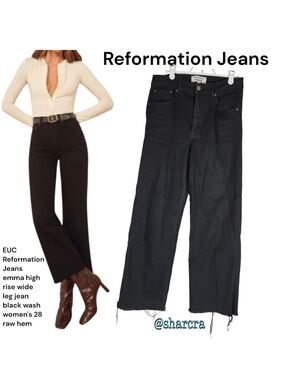 Reformation Jeans emma high rise wide leg jean black wash women's 28 Frayed Hem